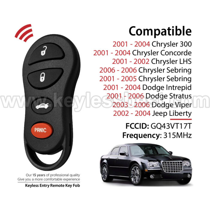 2001-2006 Chrysler Dodge Jeep Liberty Viper Stratus Intrepid 300 Concorde LHS Sebring / 4 Buttons Keyless Entry Remote / GQ43VT17T / PN:04602260AA - Image 2