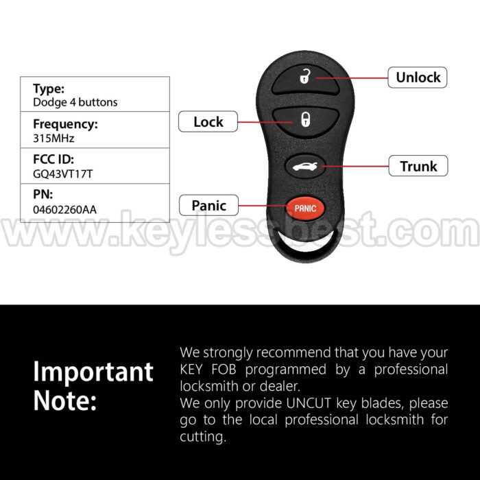 2001-2006 Chrysler Dodge Jeep Liberty Viper Stratus Intrepid 300 Concorde LHS Sebring / 4 Buttons Keyless Entry Remote / GQ43VT17T / PN:04602260AA - Image 3
