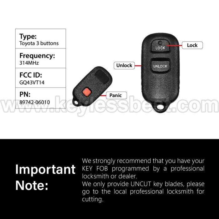 1998-2008 Toyota Pontiac Camry Solara Vibe Matrix Sienna Corolla / 3 Buttons Keyless Entry Remote / GQ43VT14T / PN: 89742-06010 - Image 3