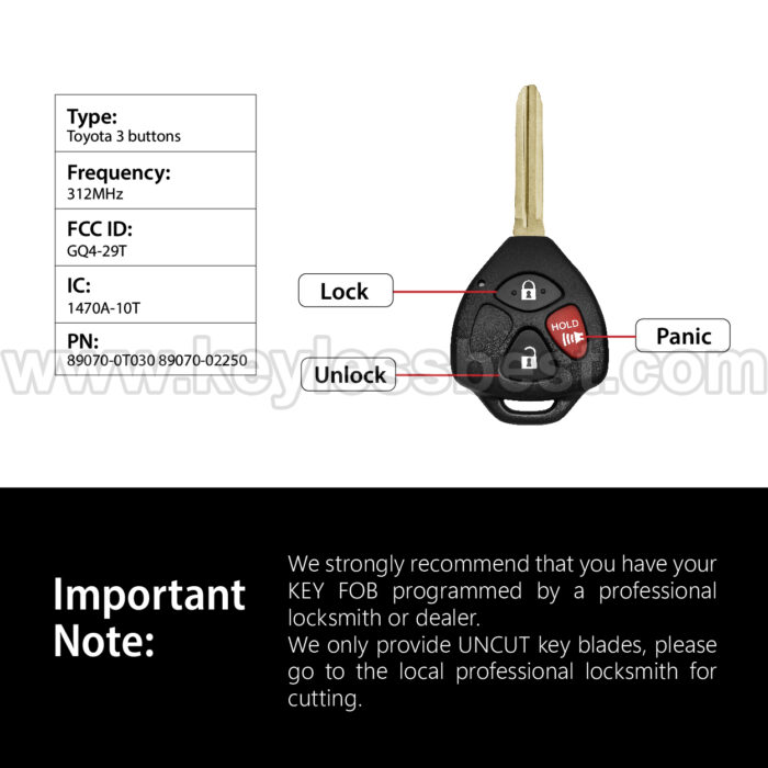2008-2013 Pontiac Toyota Vibe Corolla Matrix Venza / 3 Buttons Keyless Entry Remote / GQ4-29T / PN: 89070-0T030 89070-02250 / 4D67 - Image 3