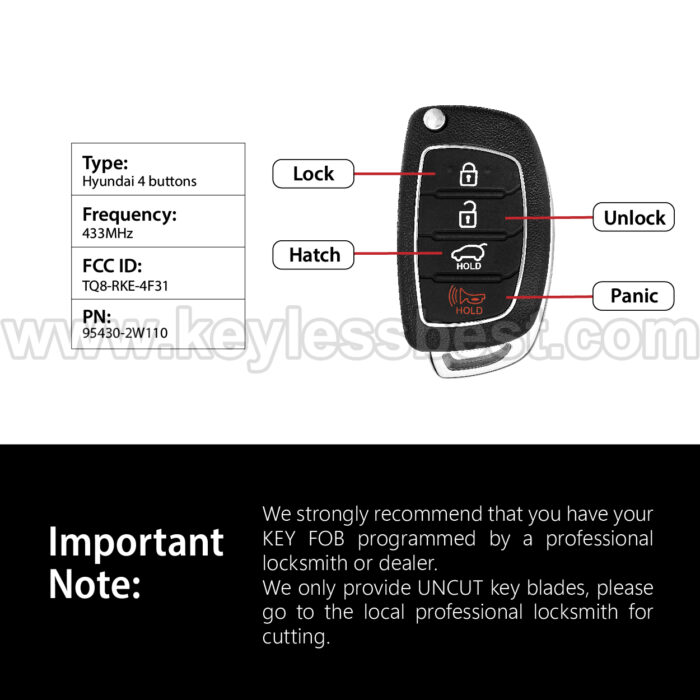 2015 - 2019 Hyundai Santa Fe / 4 Buttons Keyless Entry Remote / TQ8-RKE-4F31 / PN: 95430-2W110 - Image 3