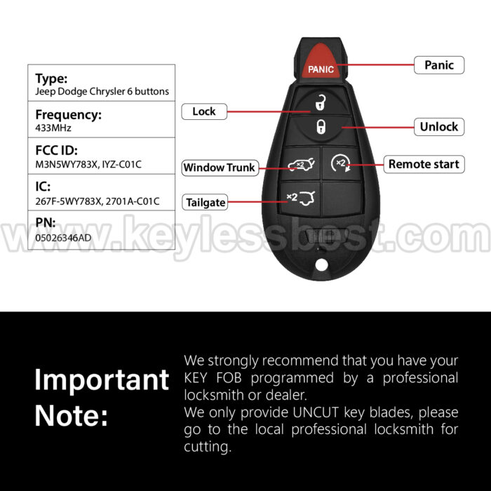 2008 - 2013 Jeep Grand Cherokee Commander / 6 Buttons Keyless Entry Remote / M3N5WY783X, IYZ-C01C / PN: 05026346AD / ID46 - Image 3