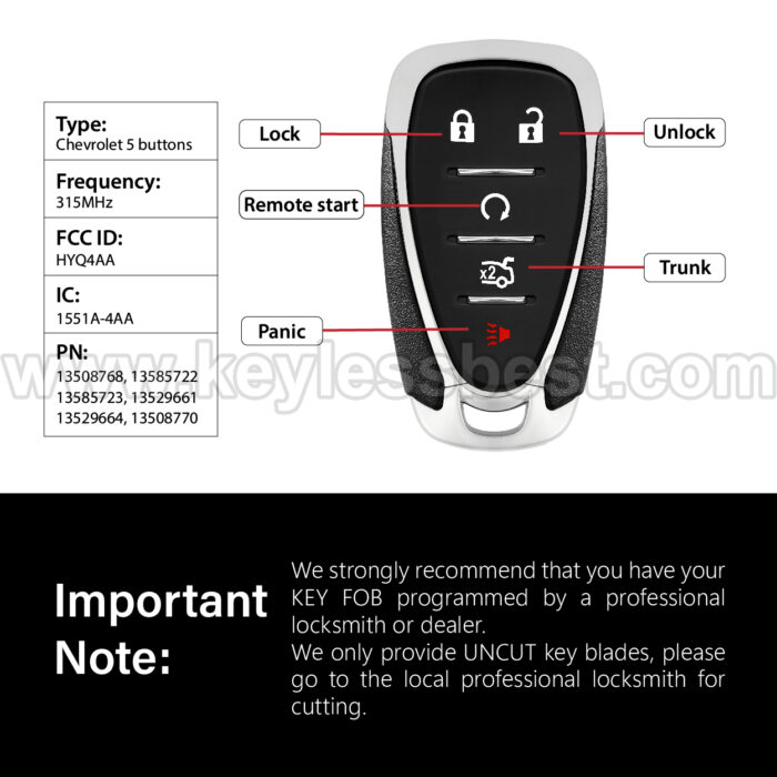 2016-2020 Chevrolet Cruze XL7 Sonic Volt Bolt Spark / 5 Buttons Keyless Entry Remote / HYQ4AA / PN: 13508768, 13585722, 13585723, 13529661, 13529664, 13508770 / 46 - Image 3