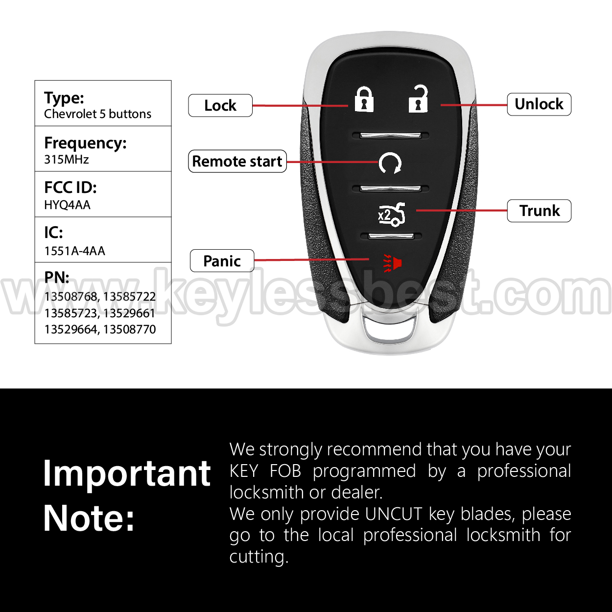 2016-2020 Chevrolet Cruze XL7 Sonic Volt Bolt Spark / 5 Buttons Keyless Entry Remote / HYQ4AA / PN: 13508768, 13585722, 13585723, 13529661, 13529664, 13508770 / 46 - Image 3