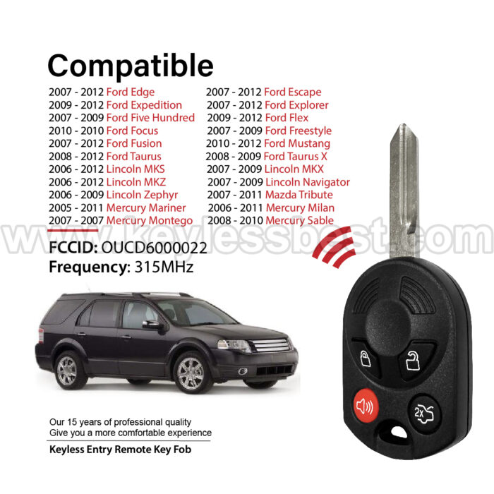 2005-2012 Ford Lincoln Mazda Mercury Edge Escape Expedition Explorer Five Hundred Flex Focus Freestyle Fusion Mustang Taurus  / 4 Buttons Keyless Entry Remote / OUCD6000022 / PN: 164-R7040, 5914457, 6E5T-15K601-AD / 4D63 80Bit - Image 2