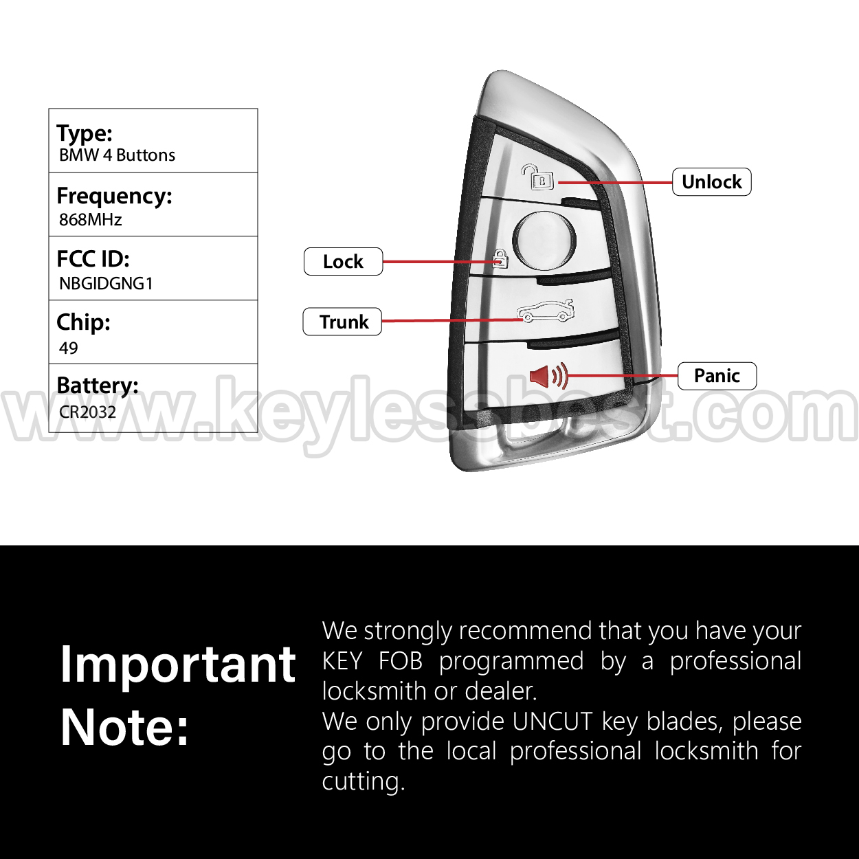 2014 - 2019 BMW X5 X6 Series 3 Series 5 / 4 Buttons Keyless Entry Remote / NBGIDGNG1 / 49 - Image 3