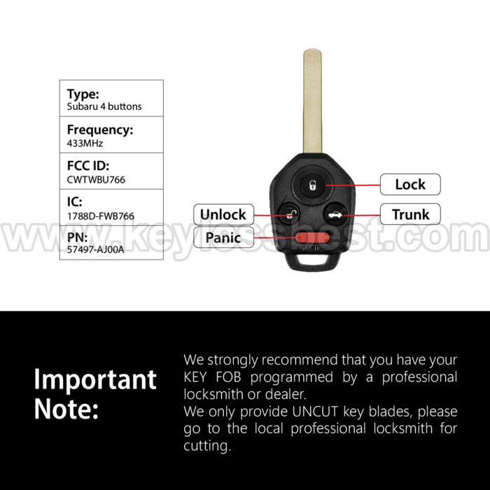 2010-2014 Subaru Outback Legacy / 4 Buttons Keyless Entry Remote / CWTWBU766 / PN: 57497-AJ00A / 4D60 - Image 3