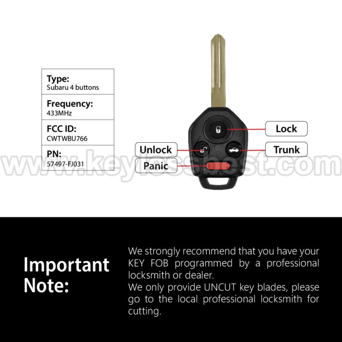 2012-2019 Subaru Forester XV Crosstrek Impreza STI / 4 Buttons Keyless Entry Remote / CWTWBU766 / PN: 57497-FJ031 / G 80-BIT - Image 3