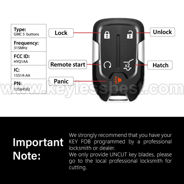 2015-2020 GMC Chevrolet Terrain Yukon Yukon XL Suburban Tahoe / 5 Buttons Keyless Entry Remote / HYQ1AA / PN:13584502 - Image 3