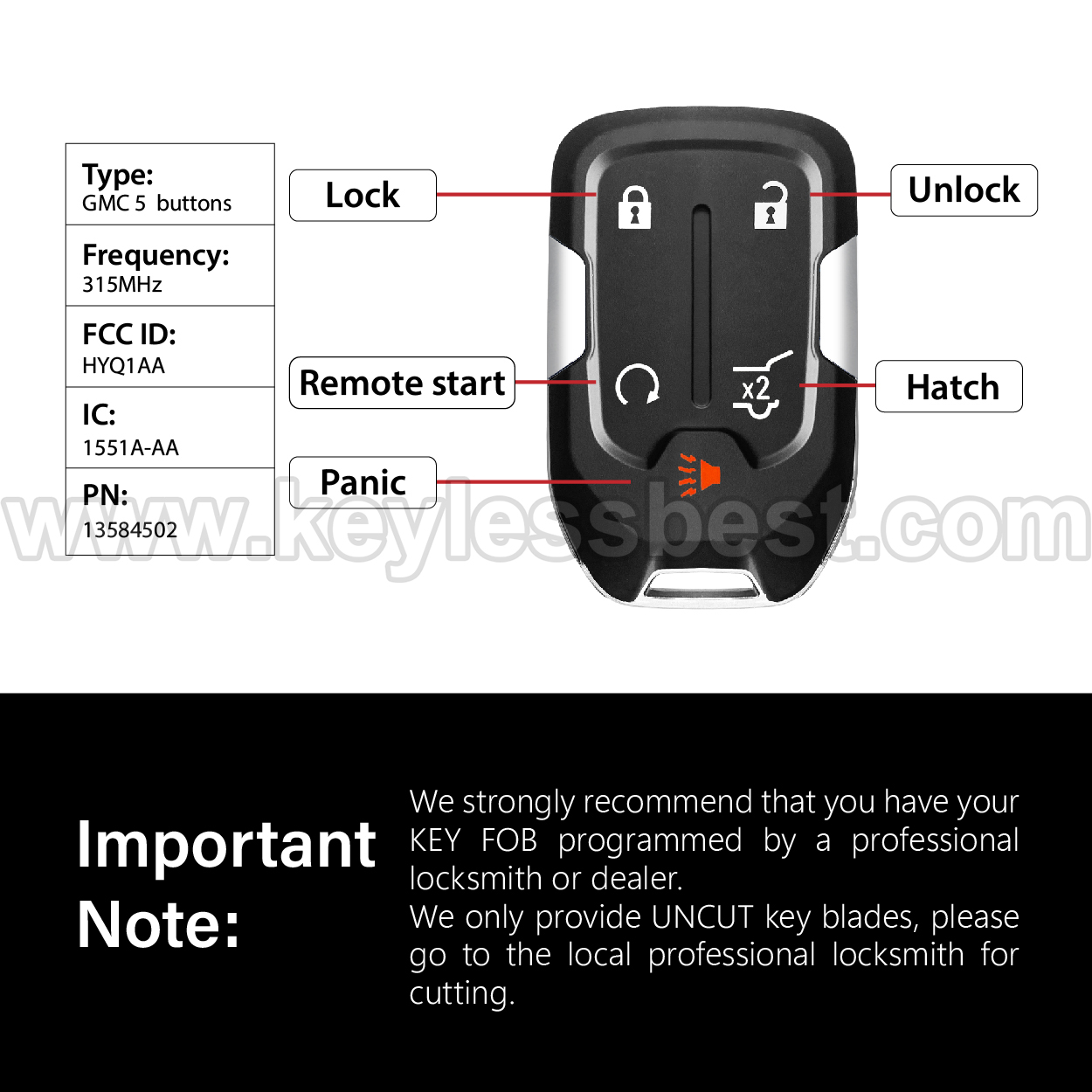 2015-2020 GMC Chevrolet Terrain Yukon Yukon XL Suburban Tahoe / 5 Buttons Keyless Entry Remote / HYQ1AA / PN:13584502 - Image 3