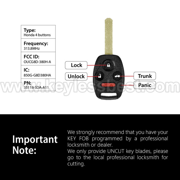 2003-2010 Honda Accord Element / 4 Buttons Keyless Entry Remote / OUCG8D-380H-A / PN: 35118-SDA-A11 / ID46 - Image 3