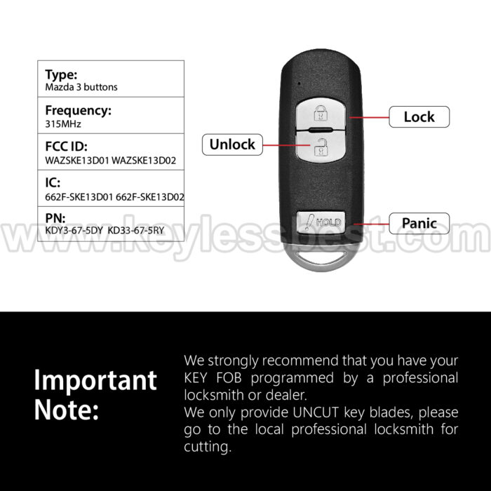 2012-2018 Mazda 3 CX3 CX5 SPEED3 Mazdaspeed3 / 3 Buttons Keyless Entry Remote / WAZSKE13D01 WAZSKE13D02 / PN:KDY3-67-5DY,  KD33-67-5RY - Image 3