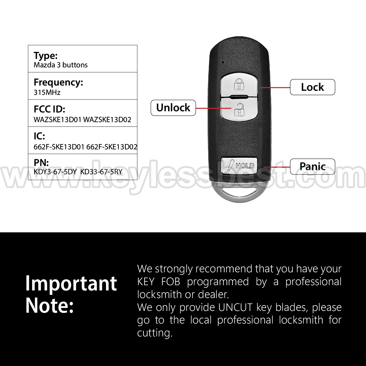 2012-2018 Mazda 3 CX3 CX5 SPEED3 Mazdaspeed3 / 3 Buttons Keyless Entry Remote / WAZSKE13D01 WAZSKE13D02 / PN:KDY3-67-5DY,  KD33-67-5RY - Image 3