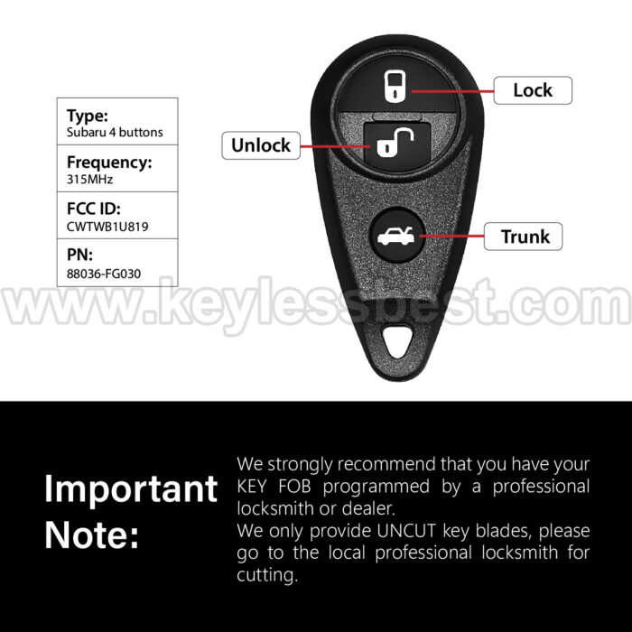 2010-2014 Subaru Forester Impreza Impreza WRX/STI / 4 Buttons Keyless Entry Remote / CWTWB1U819 / PN:88036-FG030 - Image 3
