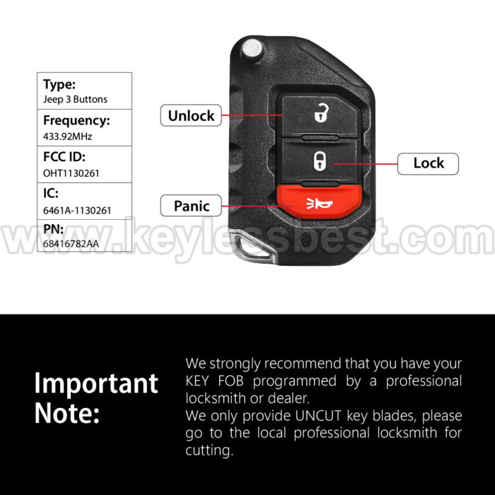2018-2024 Jeep Gladiator Wrangler / 3 Buttons Keyless Entry Remote / OHT1130261 / PN:68416782AA / PCF7939M 4A - Image 3