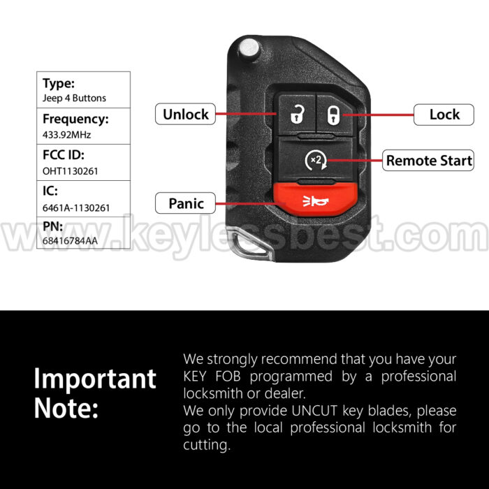 2018-2024 Jeep Gladiator Wrangler / 4 Buttons Keyless Entry Remote / OHT1130261 / PN:68416784AA, 68416784AC / PCF7939M 4A - Image 3