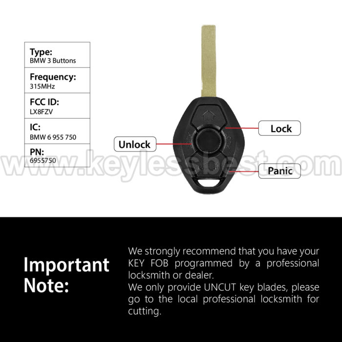 2000 - 2008 BMW 3-Series M3 X3 X5 Z4 / 3 Buttons Keyless Entry Remote / LX8FZV / PN: 6955750 / 46 CAS2 - Image 8