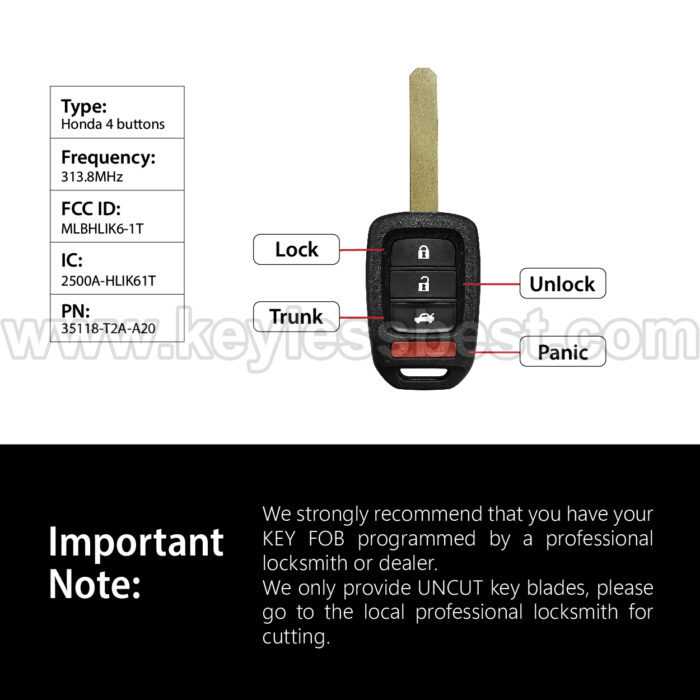 2013-2015 Honda Accord Sport Accord LX Civic / 4 Buttons Keyless Entry Remote / MLBHLIK6-1T / PN: 35118-T2A-A20 / 47 - Image 3