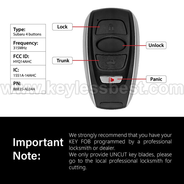 2014 - 2020 Subaru Legacy Outback Forester BRZ Impreza XV Crosstrek WRX STI / 4 Buttons Keyless Entry Remote / HYQ14AHC / PN: 88835-AL04A / 4D - Image 3