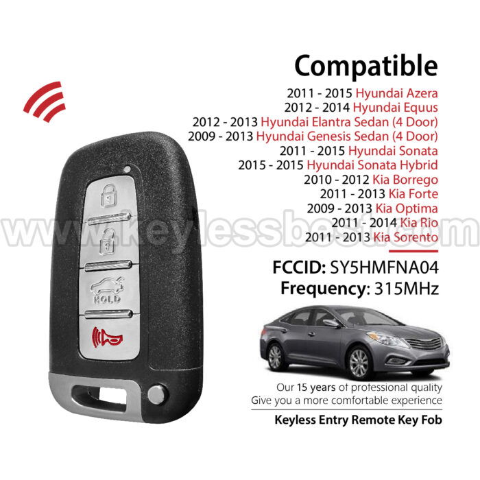 2009-2015 Hyundai Kia Azera Equus Elantra Sedan Genesis Sedan Sonata Sonata Hybrid Borrego Forte Optima Rio Sorento / 4 Buttons Keyless Entry Remote / SY5HMFNA04 / PN: 95440-3N250, 95440-1U000, 95440-2T100, 95440-3Q000, 95440-3M220, 95440-3N250/ 46 - Image 2
