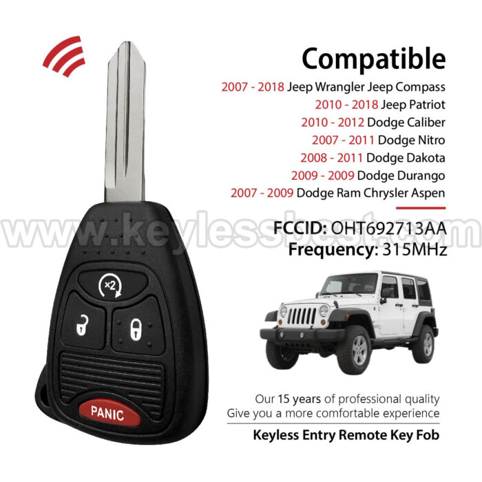 2007 - 2018 Jeep Dodge Chrysler Wrangler Patriot Compass Caliber Nitro Aspen Dakota  / 4 Buttons Keyless Entry Remote / OHT692713AA / PN: 04589621AB,OHT692427AA, 04589621AA, 56040649AD/ ID46 - Image 2