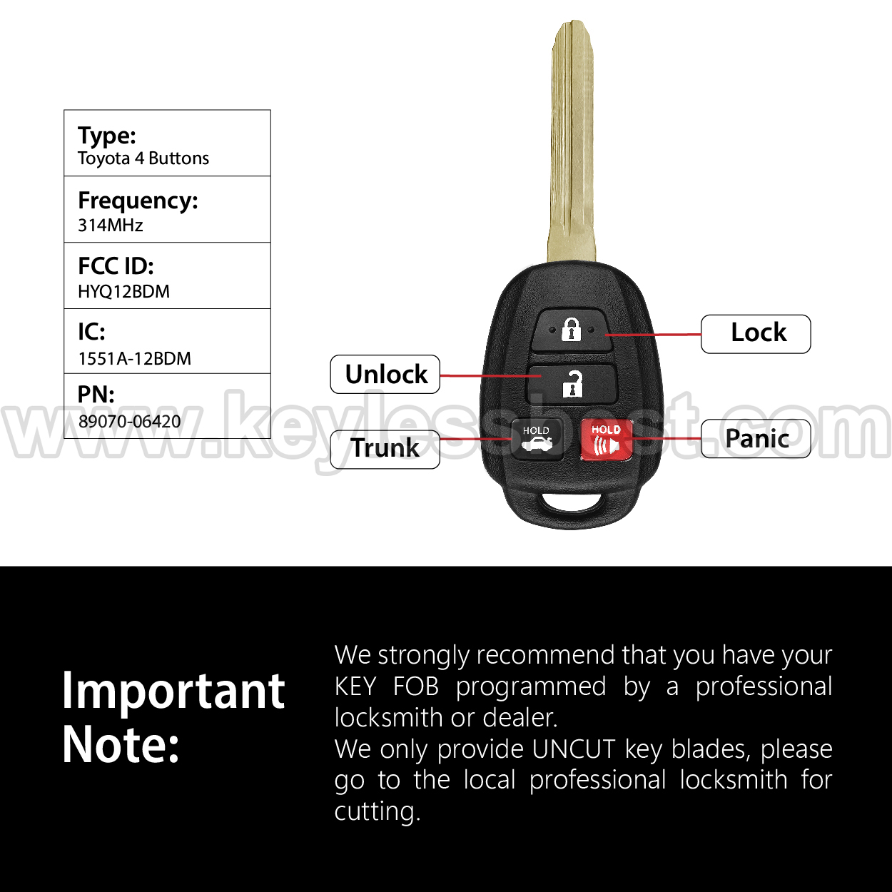 Chaveiro Toyota 2012-2014 HYQ12BDM 314MHz para Keylessbest