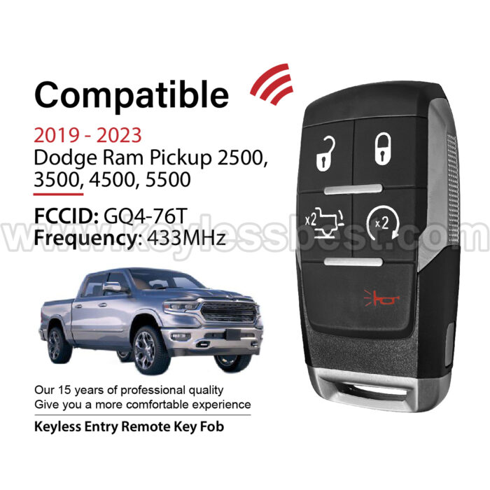 2019 - 2023 Dodge Ram Pickup 2500, 3500, 4500, 5500 / 5 Buttons Keyless Entry Remote / GQ4-76T / PN: 68374994AB, 68538050AA, 68475385AA / 4A - Image 2