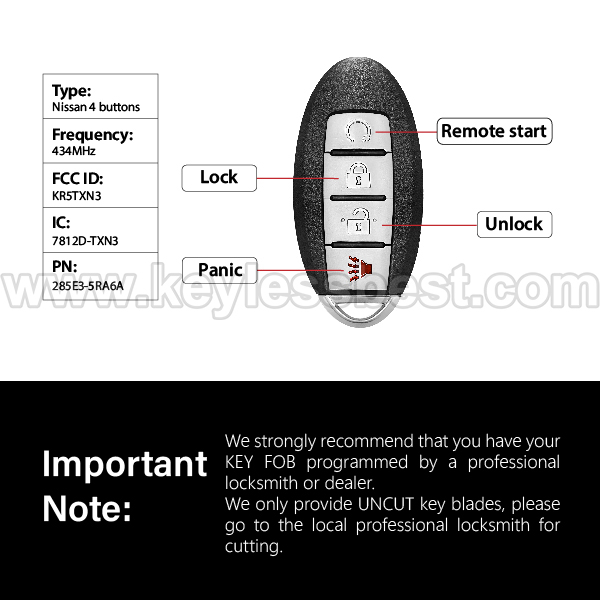 2018-2021 Nissan Kicks SR, SR+ Kicks SV (Certain VINS) Rogue / 4 Buttons Keyless Entry Remote / KR5TXN3 / PN: 285E3-5RA6A - Image 3