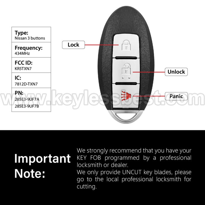 2019-2020 Nissan Pathfinder Murano Titan / 3 Buttons Keyless Entry Remote / KR5TXN7 / PN: 285E3-9UF7A , 285E3-9UF7B - Image 3