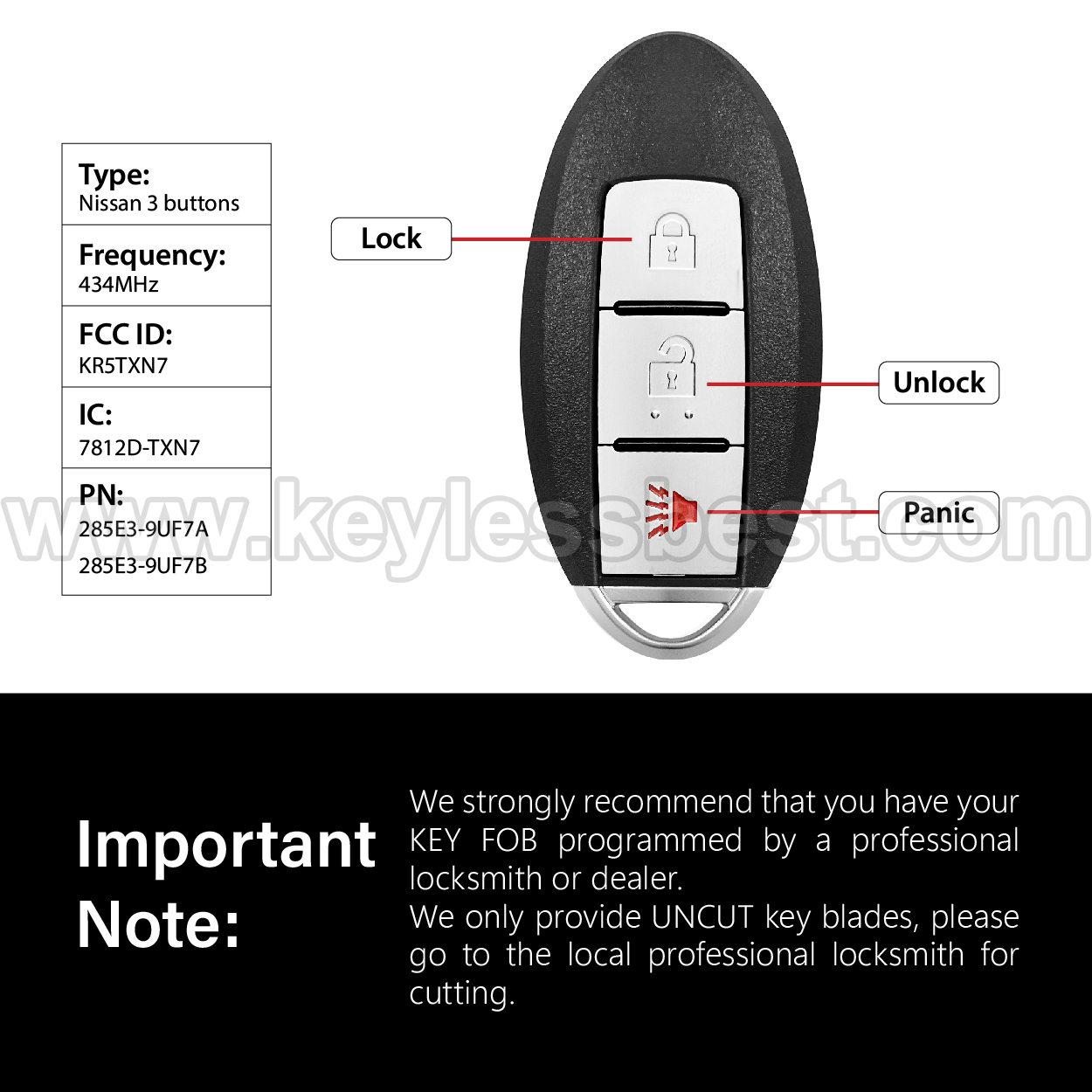 2019-2020 Nissan Pathfinder Murano Titan / 3 Buttons Keyless Entry Remote / KR5TXN7 / PN: 285E3-9UF7A , 285E3-9UF7B - Image 3