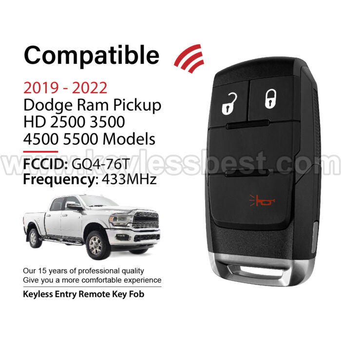 2019 - 2022 Dodge Ram Pickup HD 2500 3500 4500 5500 Models / 3 Buttons Keyless Entry Remote / GQ4-76T / PN: 68374993AB / 128Bit 4A - Image 2