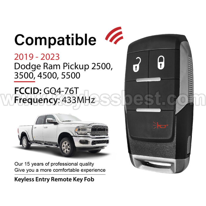 2019 - 2023 Dodge Ram Pickup 2500, 3500, 4500, 5500 / 3 Buttons Keyless Entry Remote / GQ4-76T / PN: 68374994AB, 68538050AA, 68475385AA / 4A - Image 2