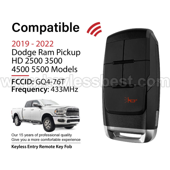 2019-2022 Dodge Ram Pickup HD 2500 3500 4500 5500 Models / 1 Buttons Keyless Entry Remote / GQ4-76T / PN: 68374993AB / 128Bit 4A - Image 2