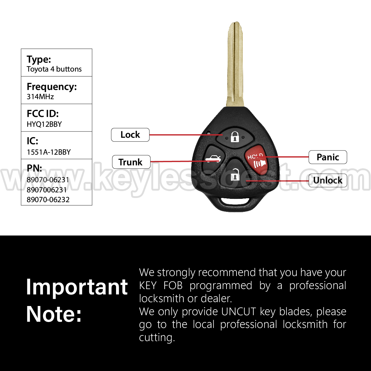 2007-2010 Toyota Camry Corolla / 4 Buttons Keyless Entry Remote / HYQ12BBY / PN: 89070-06231 8907006231 89070-06232 / 4D67 - Image 3