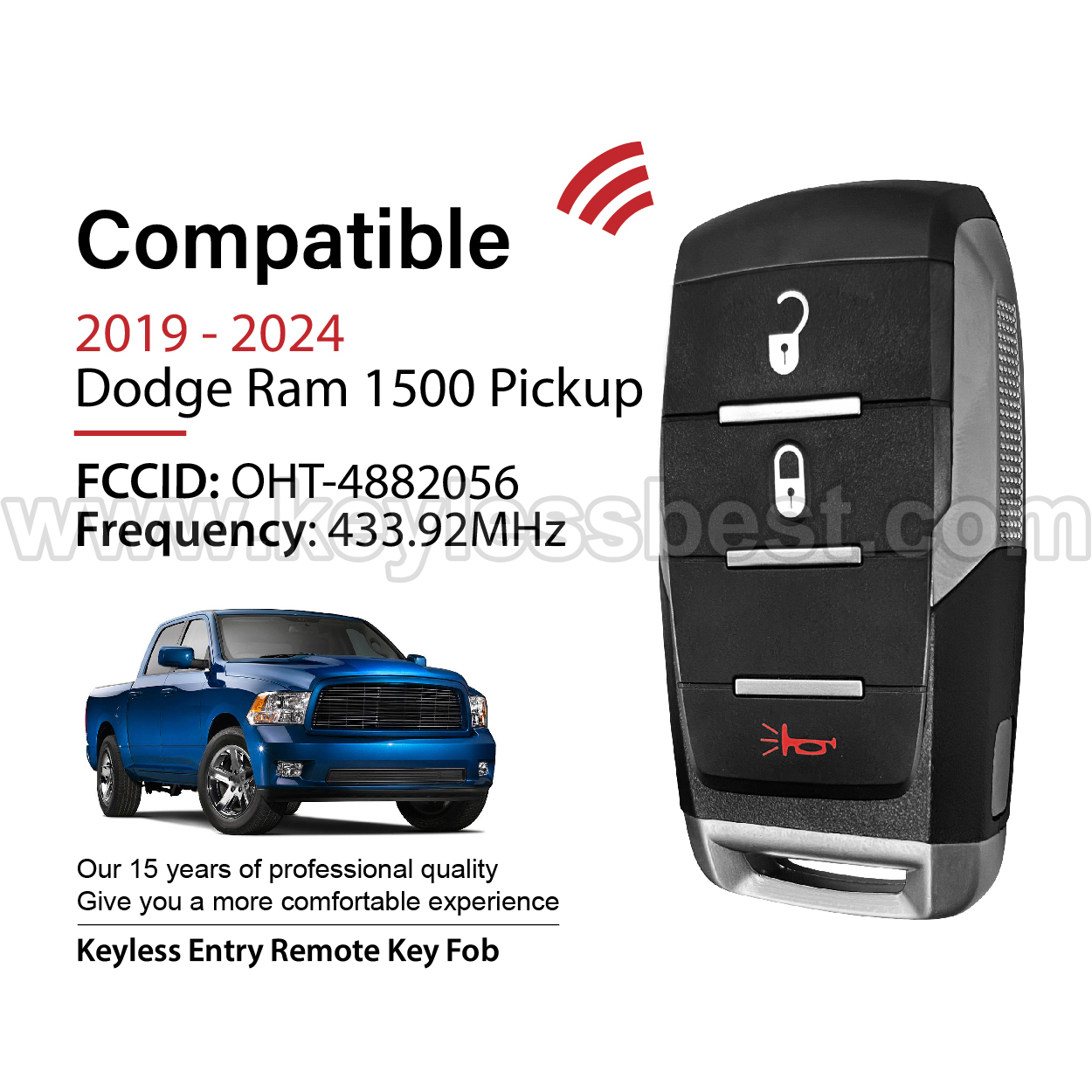 2019-2024 Dodge Ram 1500 Pickup / 3 Buttons Keyless Entry Remote / OHT-4882056 / PN:68291687AD, 68291687AB, 68291687AC, 68291687AD, 68291687AE, 68442905AB, 68575600AA - Image 2