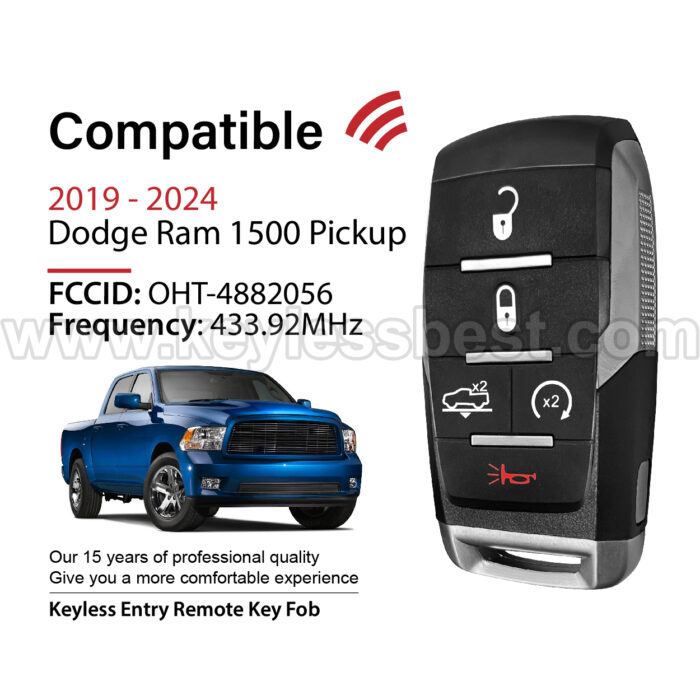 2019-2024 Dodge Ram 1500 Pickup / 5 Buttons Keyless Entry Remote / OHT-4882056 / PN:68291691AD 68442909AB 68291690AE - Image 2