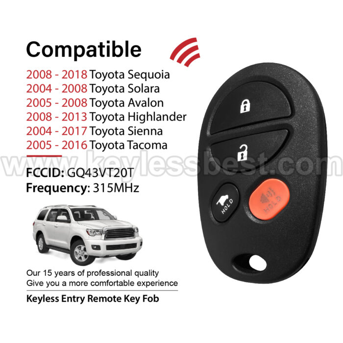 2004-2018 Toyota Sequoia Solara Avalon Highlander Sienna Tacoma / 4 Buttons Keyless Entry Remote / GQ43VT20T / PN: 89742-0C040 - Image 2