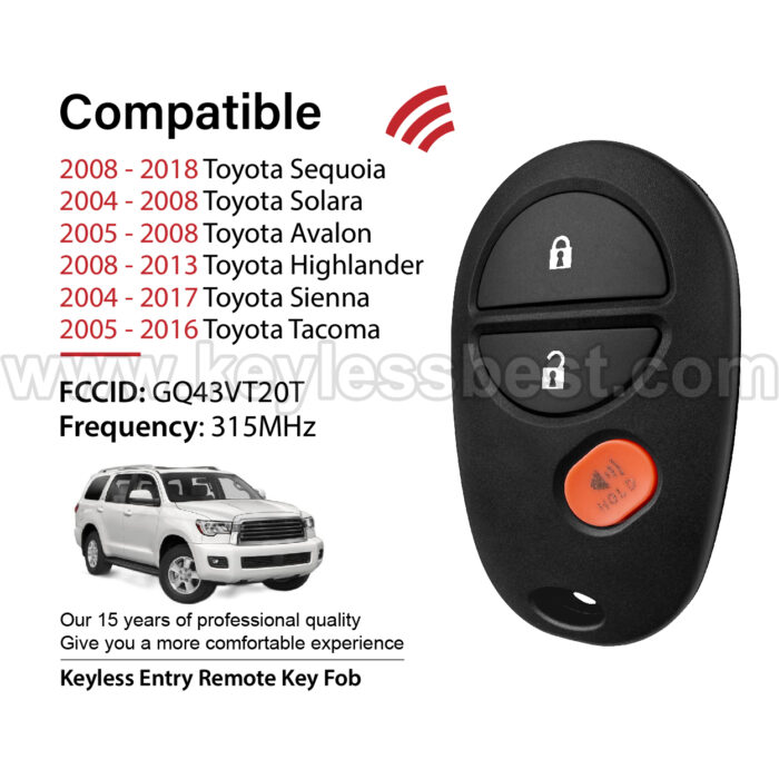 2004-2018 Toyota Sequoia Solara Avalon Highlander Sienna Tacoma / 3 Buttons Keyless Entry Remote / GQ43VT20T / PN: 89742-AE010, 89742-AE011 - Image 2