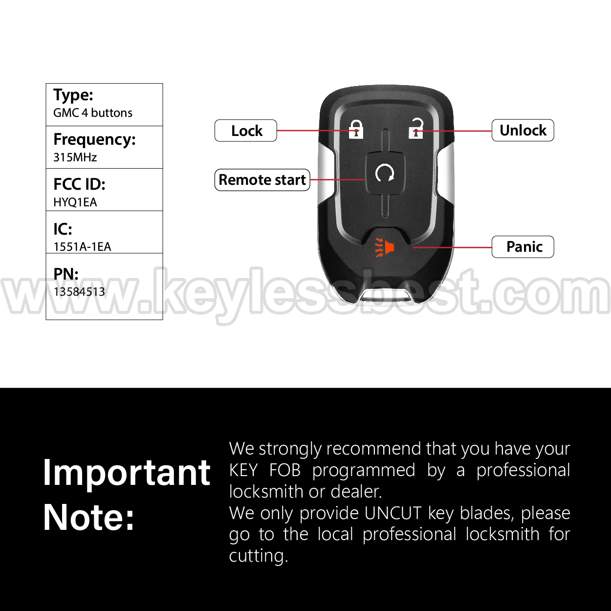 2017-2022 GMC Acadia Terrain / 4 Buttons Keyless Entry Remote / HYQ1EA / PN:13584513 13584513 / 46 - Image 3