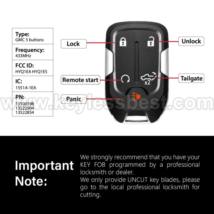2019-2023 Chevrolet GMC Sierra 1500 2500 3500 Silverado 1500 2500 3500 / 5 Buttons Keyless Entry Remote / HYQ1EA HYQ1ES / PN:13508398,13522904,13522854 / 46 - Image 3