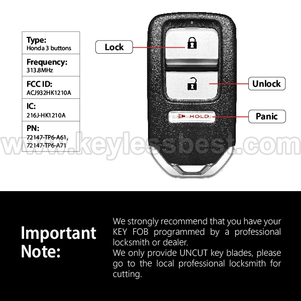 2013-2015 Honda Crosstour / 3 Buttons Keyless Entry Remote / ACJ932HK1210A / PN:72147-TP6-A61, 72147-TP6-A71 - Image 3