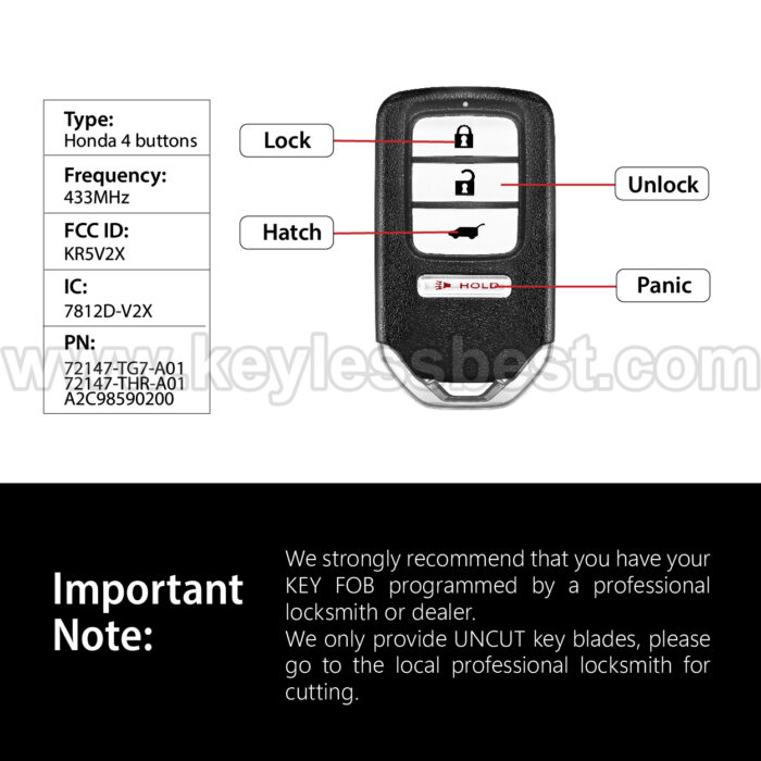 2016-2020 Honda Civic Type R Touring Civic Odyssey Pilot LX CR-V / 4 Buttons Keyless Entry Remote / KR5V2X / PN:72147-TG7-A01, 72147-THR-A01, A2C98590200 - Image 3