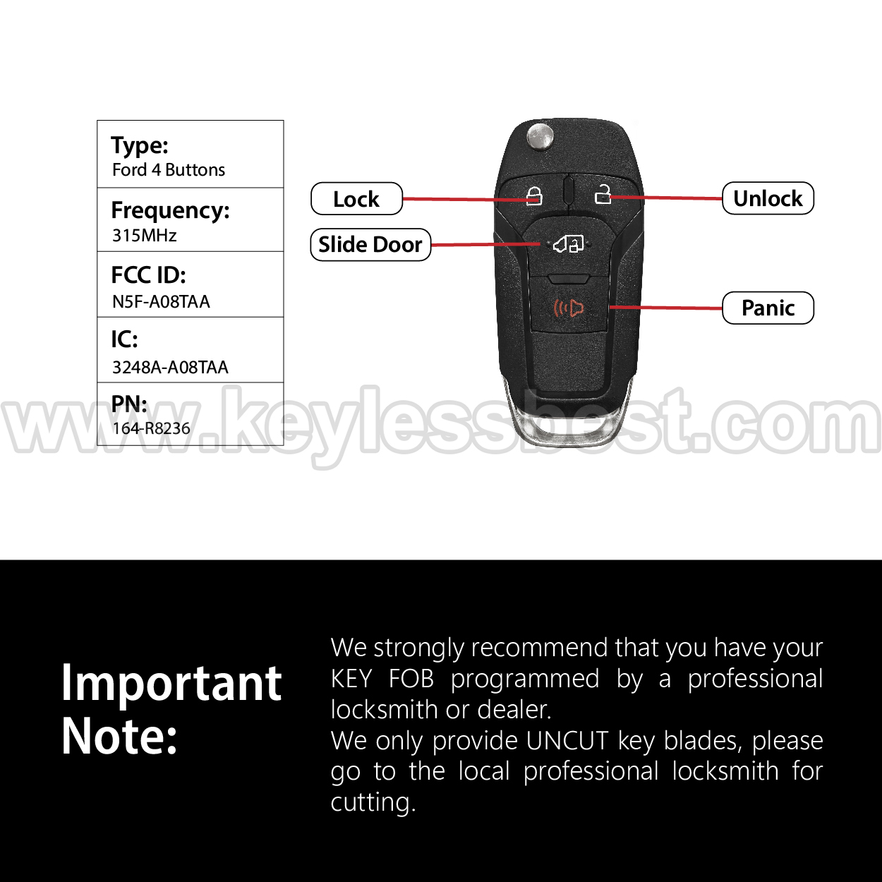 2019-2020 Ford Transit Transit Connect / 4 Buttons Keyless Entry Remote / N5F-A08TAA / PN: 164-R8236 / 4D 63 128 BIT, 49 - Image 3