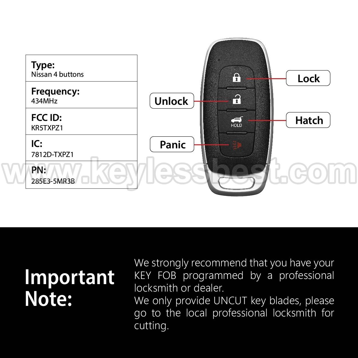 2022-2025 Nissan Ariya Pathfinder / 4 Buttons Keyless Entry Remote / KR5TXPZ1 / PN:285E3-5MR3B - Image 3
