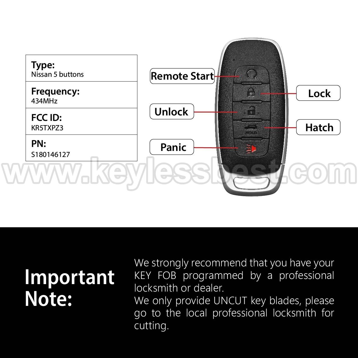 2022-2025 Nissan Rogue Pathfinder / 5 Buttons Keyless Entry Remote / KR5TXPZ3 / PN: S180146127 / 4A - Image 3