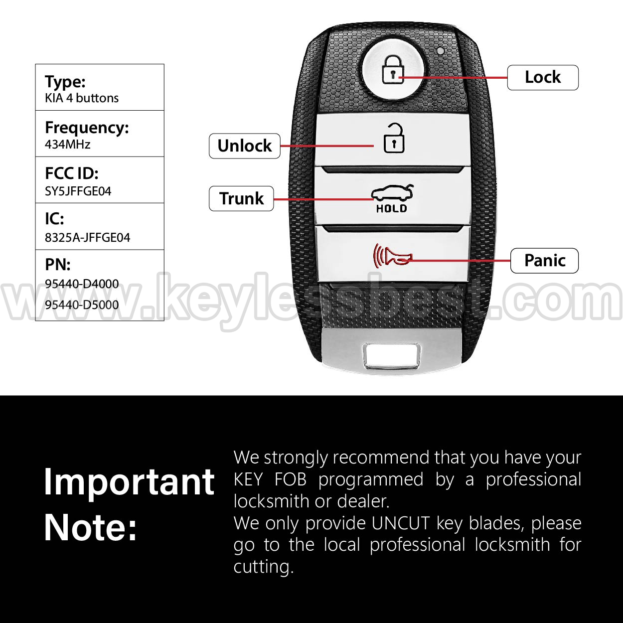 2016-2020 Kia Optima Optima Hybrid Optima PHEV / 4 Buttons Keyless Entry Remote / SY5JFFGE04 / PN: 95440-D4000 95440-D5000 - Image 3