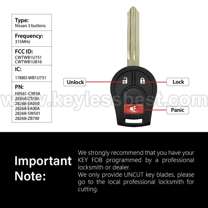 2003-2019 Nissan Chevrolet Infiniti 350Z Sentra FE, S, SR, SV Altima Armada Cube Juke Maxima Micra NV Rogue Versa Pathfinder Murano Quest Frontier / 3 Buttons Keyless Entry Remote / CWTWB1U751, CWTWB1U816 / PN: H0561-C993A 28268-ZT03A 28268-EA000/ ID46 - Image 3
