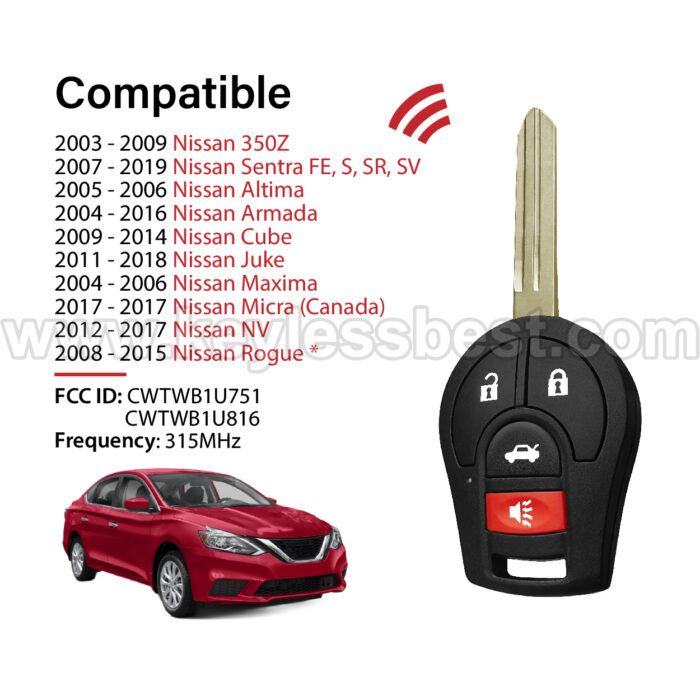 2003-2019 Nissan Chevrolet Infiniti 350Z Sentra FE, S, SR, SV Altima Armada Cube Juke Maxima Micra NV Rogue Versa / 4 Buttons Keyless Entry Remote / CWTWB1U751, CWTWB1U816 / PN: H0561-3AA0B, H0561-3AAOB 28268-ZT03A 28268-EA000 28268-EA00A/ ID46 - Image 2
