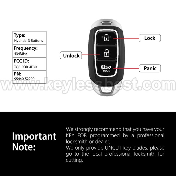 2020 Hyundai Santa Fe / 3 Buttons Keyless Entry Remote / TQ8-FOB-4F30 / PN: 95440-S2200 / 47 HITAG3 - Image 3