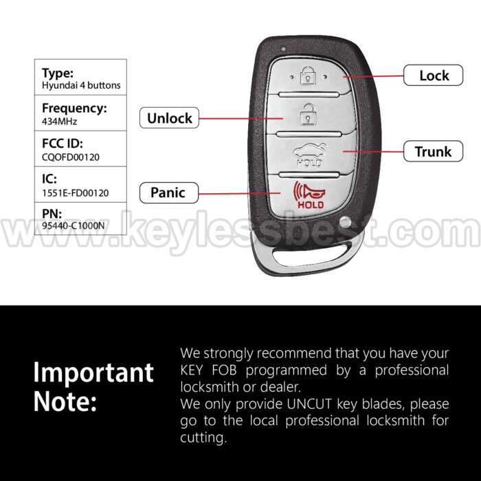 2015-2017 Hyundai Sonata Sonata Sport / 4 Buttons Keyless Entry Remote / CQOFD00120 / PN: 95440-C1000N, 954440-C1001, 95440-C1000 / 8A - Image 3